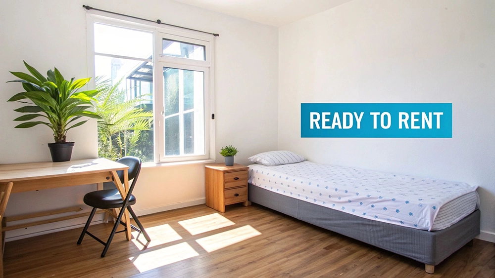 A clean, well-lit bedroom with a neatly made bed and minimal clutter, ready for rental photos.