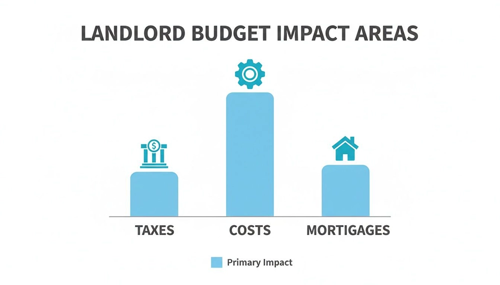 Bar chart illustrating landlord budget impact areas: taxes, costs, and mortgages, with costs having the highest impact.
