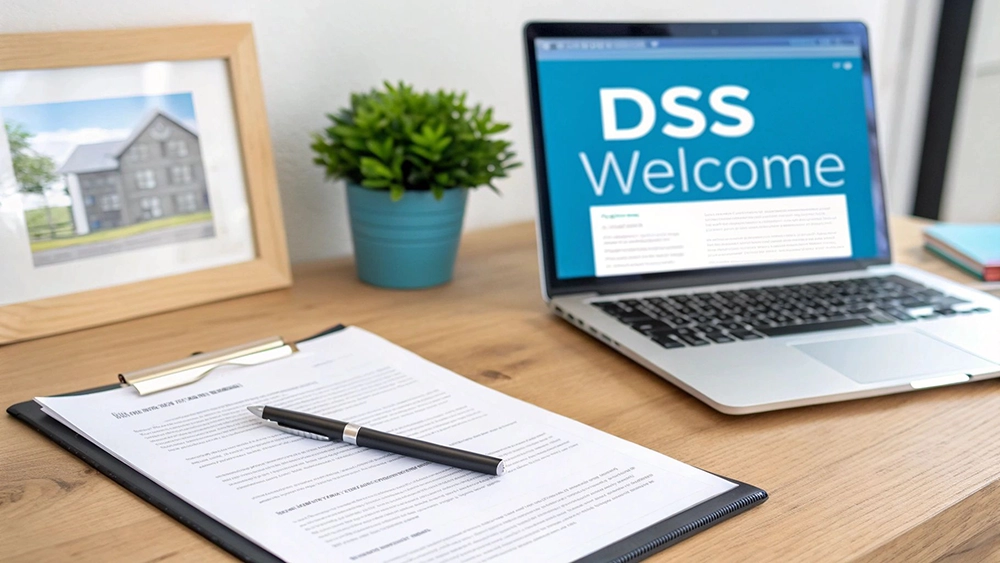 A smiling estate agent handing keys to a new tenant in front of a modern home.