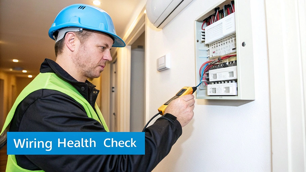 An electrician in a blue hard hat and safety vest tests an electrical panel with a yellow multimeter.