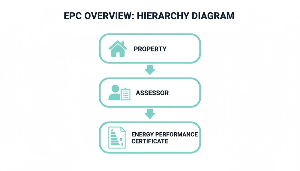 A hierarchy diagram showing the process of obtaining an Energy Performance Certificate (EPC): Property, then Assessor, leading to the Energy Performance Certificate.