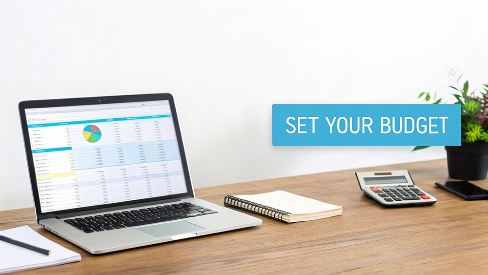 A laptop displaying a budget spreadsheet and pie chart, notebook, calculator, and 'SET YOUR BUDGET' banner on a wooden desk.