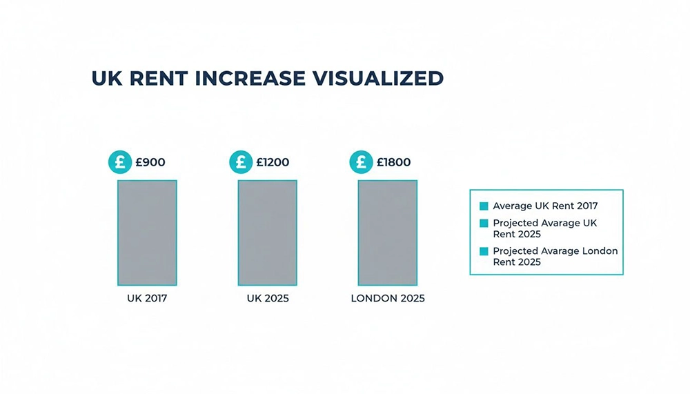 Infographic visualizing UK rent increase with average UK rent in 2017 and projected UK and London rents in 2025.