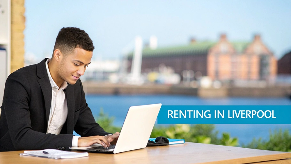 Young professional man working on a laptop, with a 'Renting in Liverpool' banner and waterfront city background.