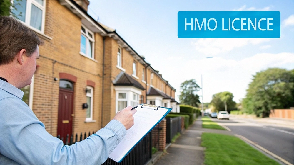 A person with a clipboard inspecting a row of terraced houses for an HMO licence.