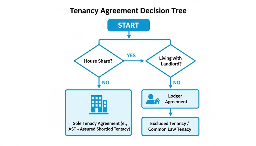 A decision tree illustrating different types of tenancy agreements based on living arrangements.