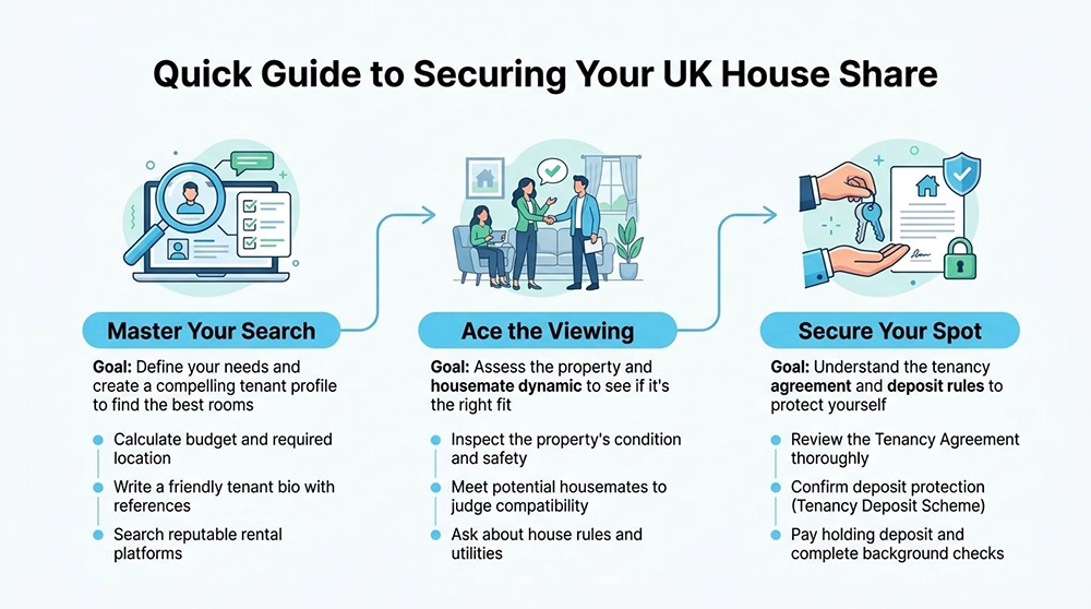 A three-step infographic guide explaining how to find, view, and secure a rental house share in the UK.