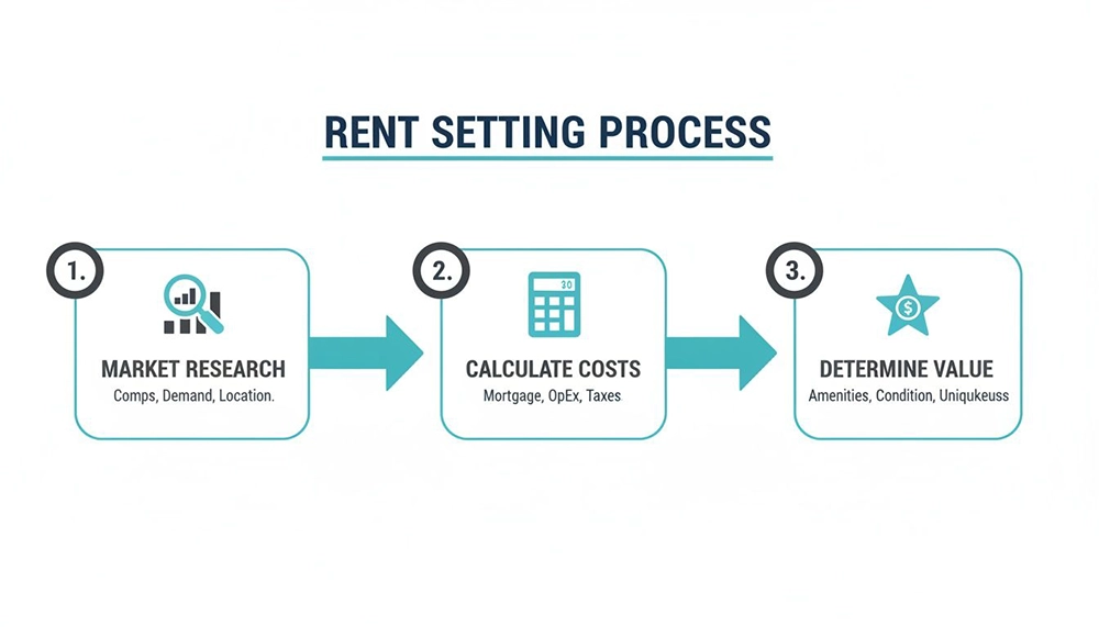 Infographic showing a three-step rent setting process: market research, cost calculation, and value determination.