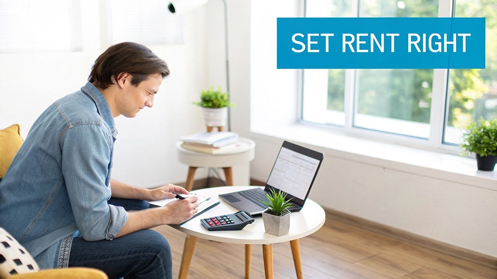 A man calculating rental prices on a laptop and notepad at home, with a 'SET RENT RIGHT' banner.