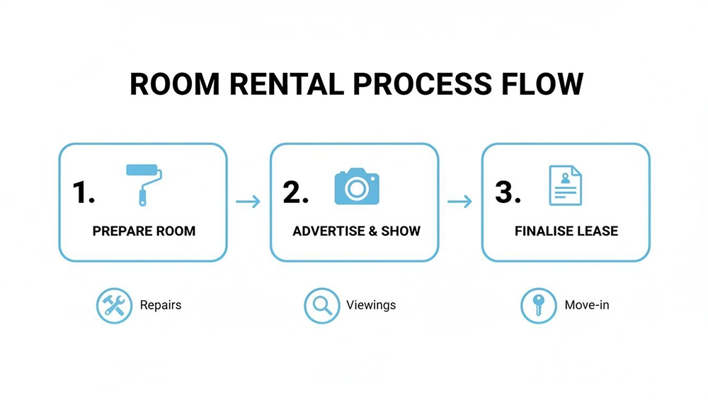 A visual flow chart outlining the three-step room rental process: prepare, advertise, and finalize lease.