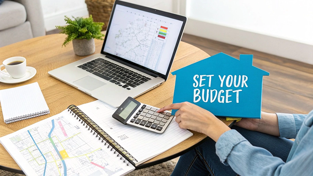 A person calculates their budget using a calculator and laptop, next to a 'Set Your Budget' sign.