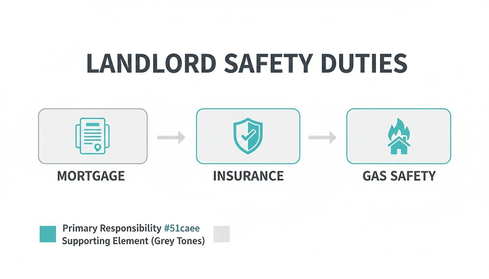 Flowchart outlining landlord safety duties, including mortgage, insurance, and gas safety responsibilities.