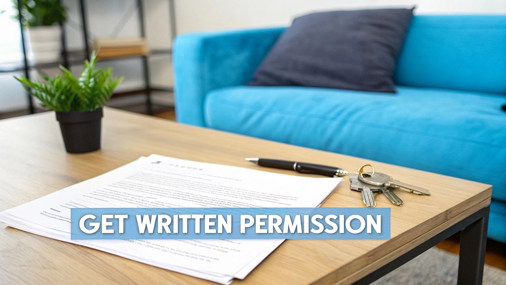 Documents, a pen, and keys on a wooden table with a blue sofa in the background, text overlay reads 'GET WRITTEN PERMISSION'.