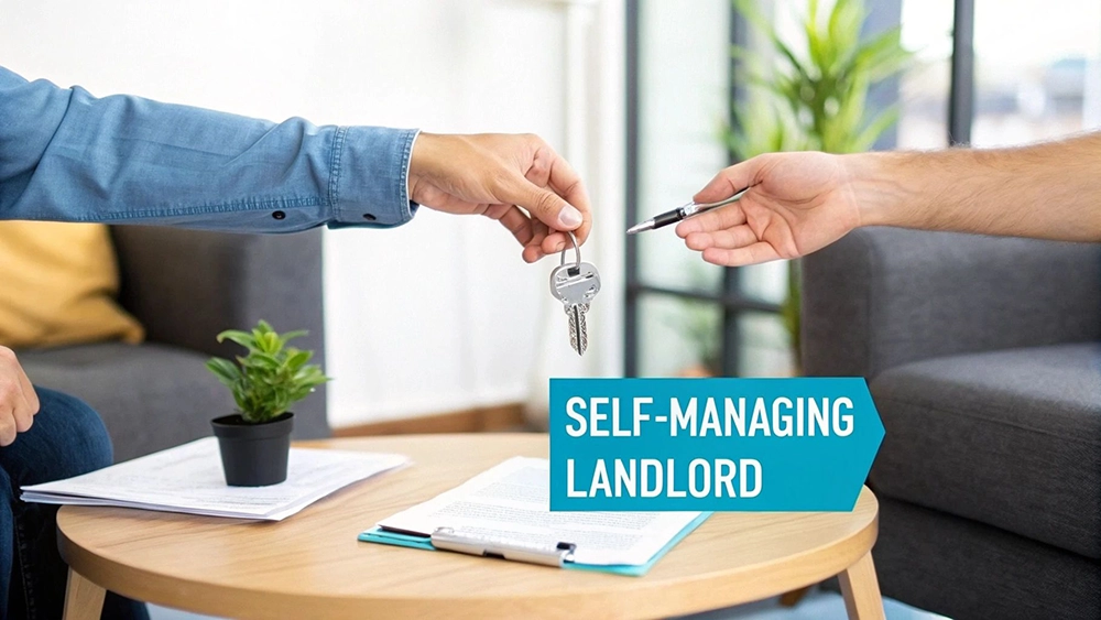 A person hands keys to another holding a pen, symbolizing a self-managing landlord property agreement.