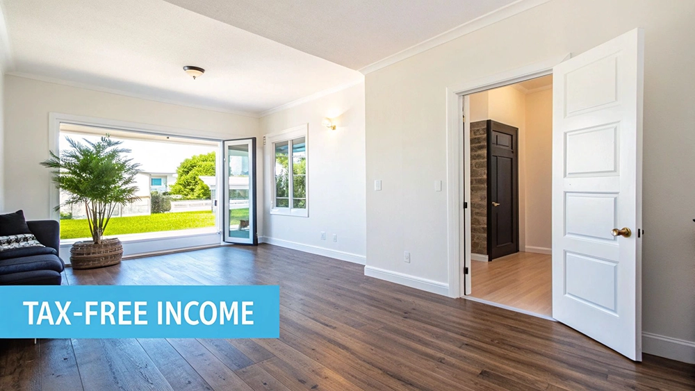A bright, modern room with hardwood floors, an open patio door, a potted plant, and a white interior door.