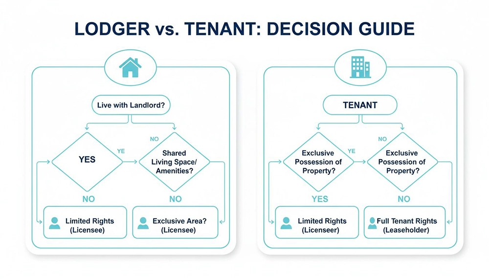 Flowchart decision guide comparing lodger vs. tenant rights based on landlord presence and property possession.
