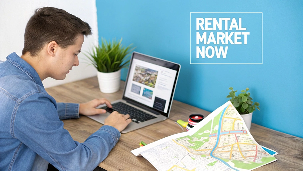 A modern, clean bedroom with a large window and city view, representing an ideal room to rent.