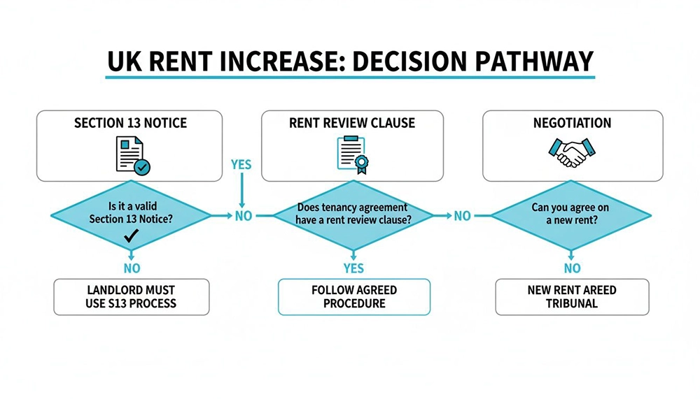Flowchart illustrating the decision pathway for UK rent increases, including Section 13, rent review, and negotiation.