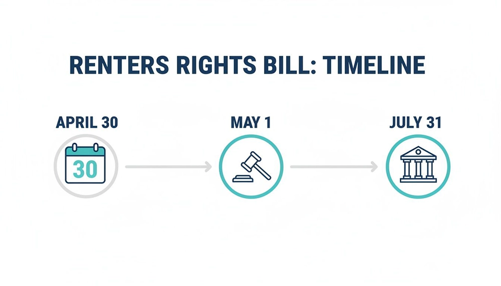 Timeline for Renters Rights Bill showing key dates: April 30, May 1, and July 31 with icons.