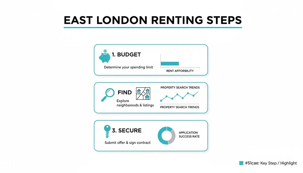 Infographic illustrating three key steps for renting property in East London: budget, find, and secure.