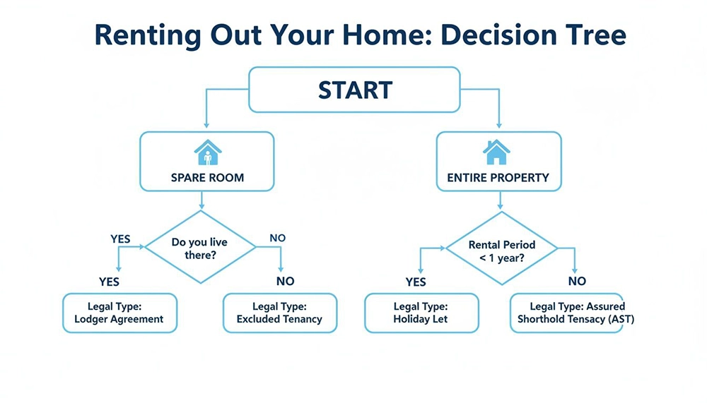 Decision tree showing legal types for renting out a spare room or entire property.