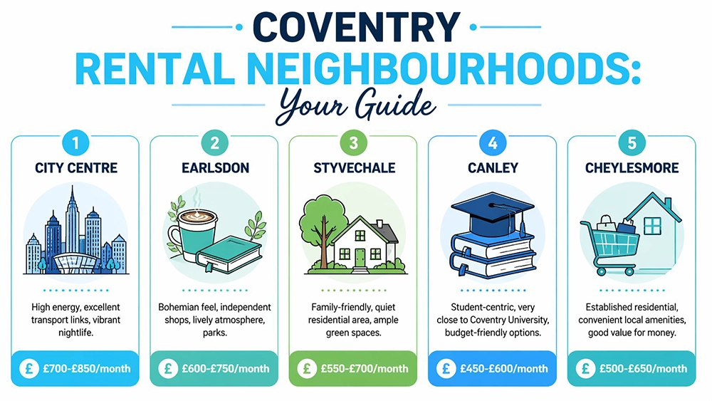 An infographic showing top five neighbourhoods to rent in Coventry with price ranges and key highlights.