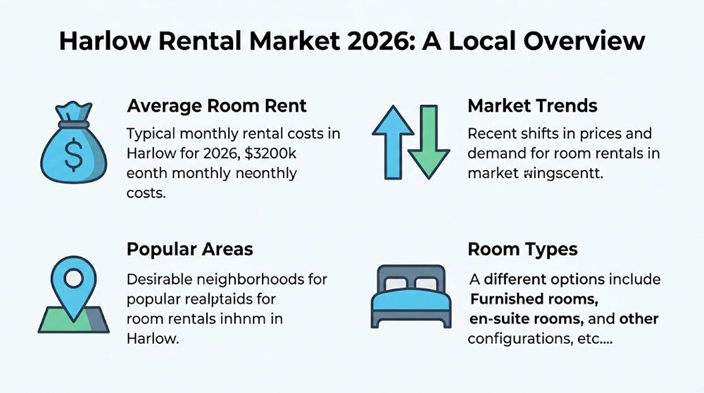 An infographic titled Harlow Rental Market 2026 outlining information on room rents, trends, areas, and types.