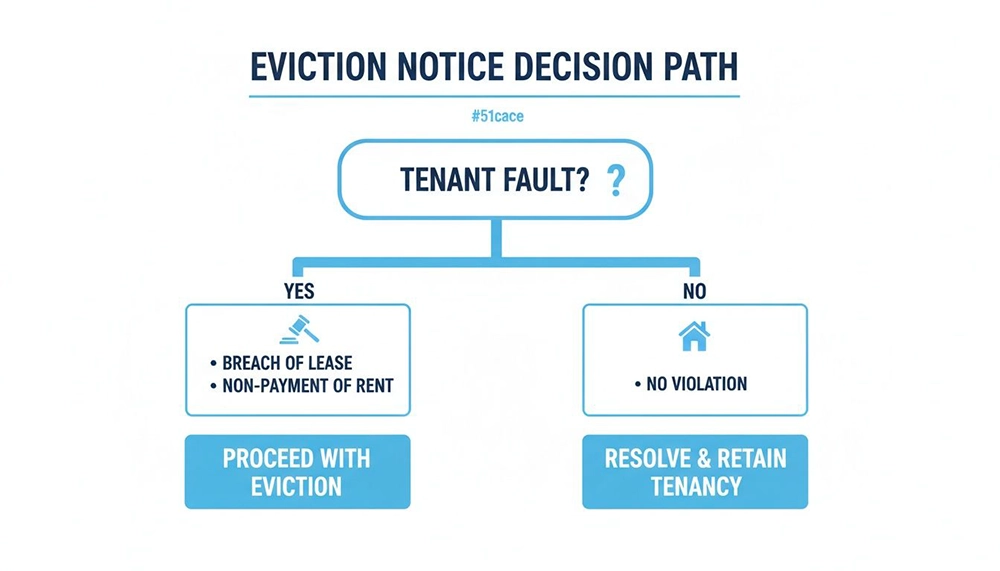 Flowchart showing an eviction notice decision path based on tenant fault, leading to eviction or tenancy retention.