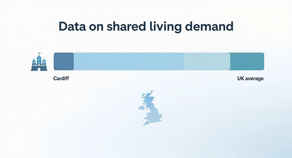 Bar chart comparing shared living demand in Cardiff versus UK average with map of United Kingdom