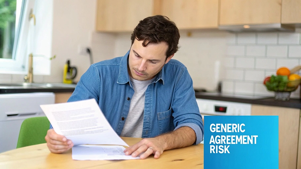 A focused man in a denim shirt reviewing paperwork at a wooden kitchen table, discussing agreement risk.