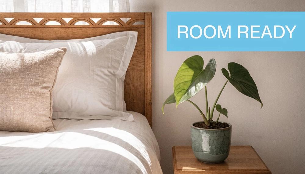 A cozy bedroom with a wooden bed frame, white bedding, and a green houseplant on a nightstand.