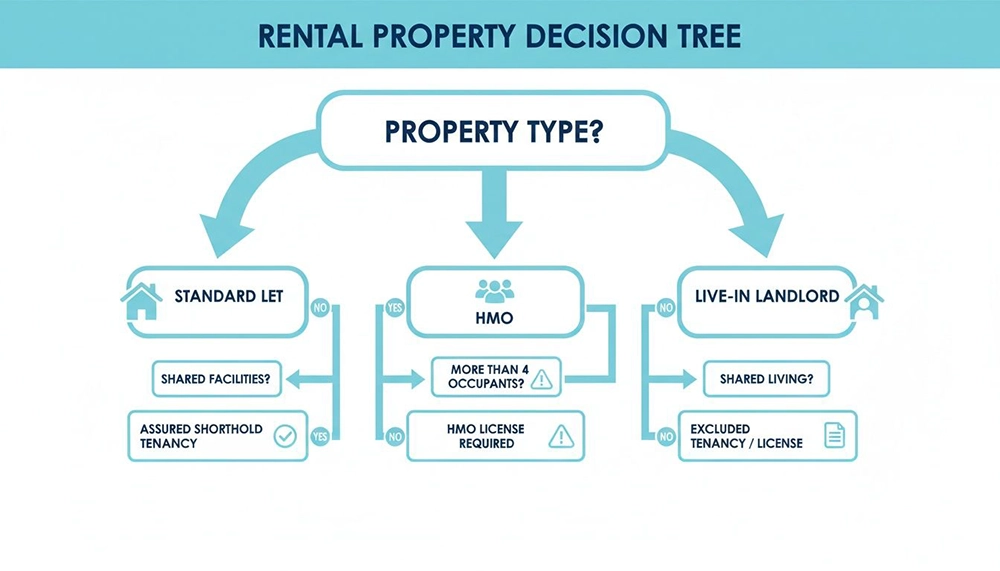 Decision tree flowchart for rental property types: Standard Let, HMO, and Live-in Landlord, guiding through tenancy requirements.