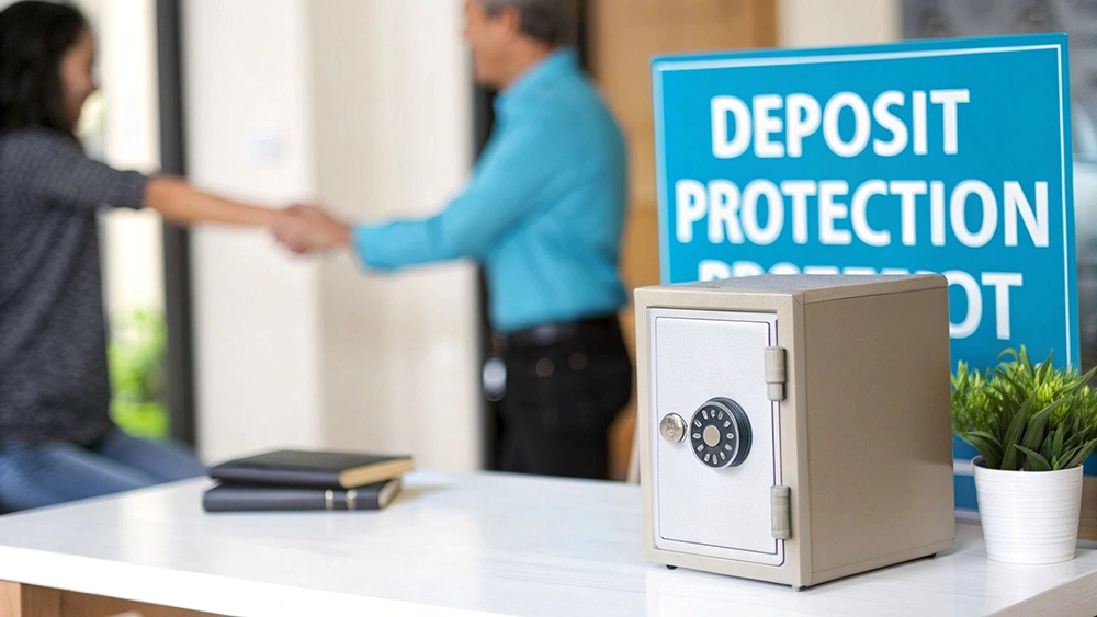 A small safe with a combination lock on a white desk, near a 'DEPOSIT PROTECTION' sign.