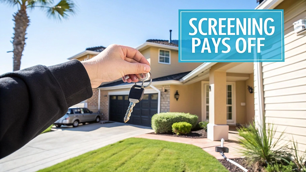 A hand holds house keys in front of a suburban home with a 'SCREENING PAYS OFF' text overlay.