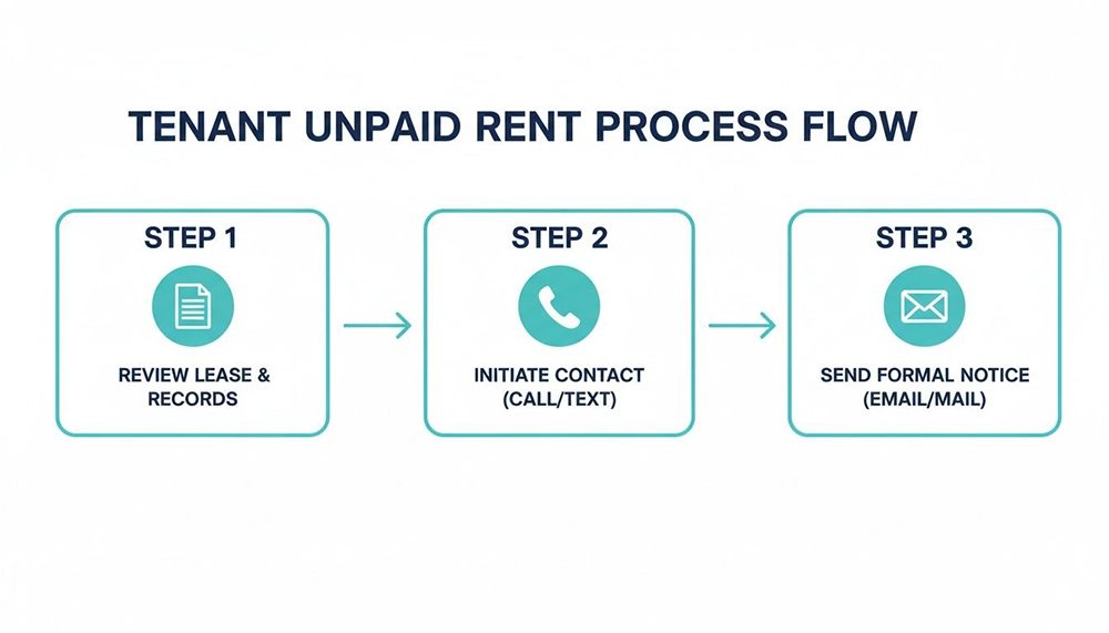 Flowchart illustrating the three-step process for handling tenant unpaid rent, from review to formal notice.