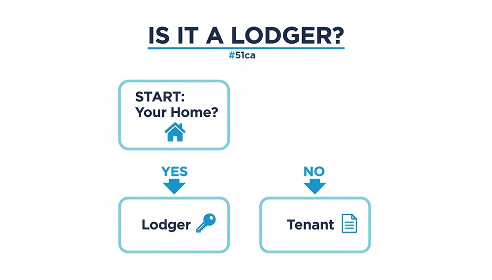 A flowchart titled 'IS IT A LODGER?' distinguishing between a lodger and a tenant based on home occupancy.