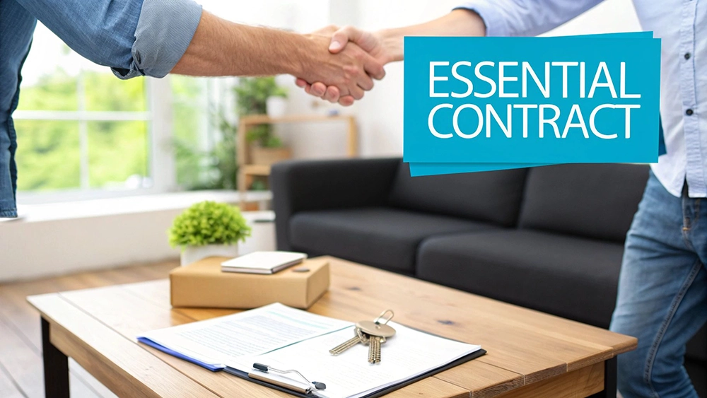 Two men shaking hands over a table with an essential contract document and keys, signifying a deal.