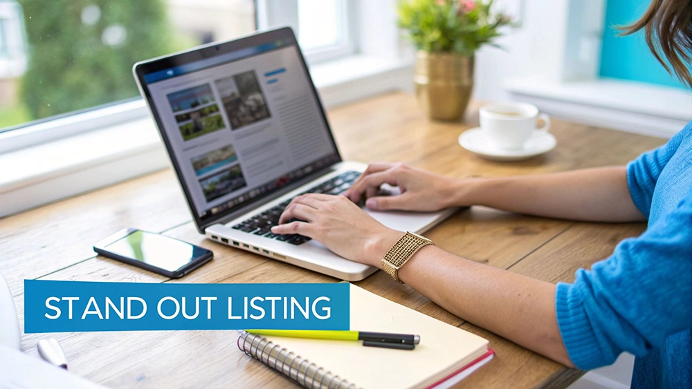 A person uses a laptop at a wooden desk. A phone, coffee, and notebook are present, with 'STAND OUT LISTING' text.