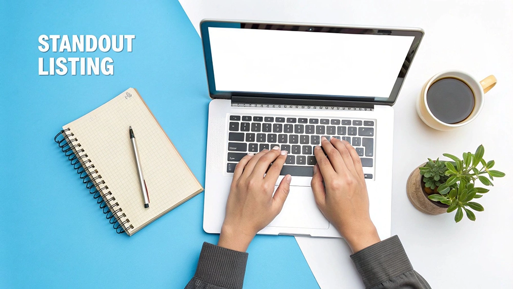 A person sitting at a modern desk, writing in a notebook with a laptop open, crafting a room rental advert.