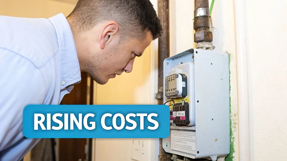 A concerned man examines a utility meter on a wall with text 'RISING COSTS'.