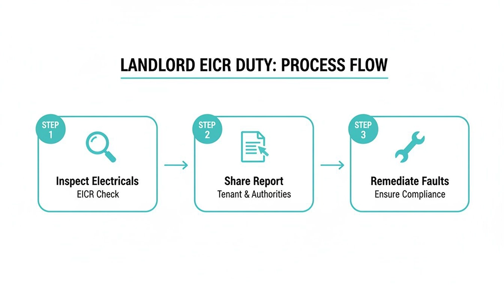 Detailed infographic showing the 3-step process for a landlord's electrical safety certificate duty.