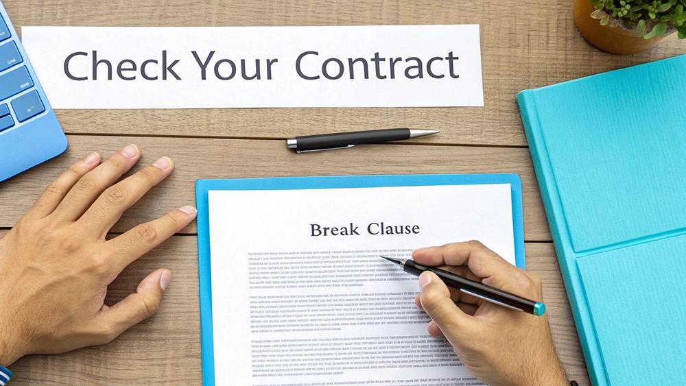 A person reviews a contract with a pen, focusing on a 'Break Clause' section, with a 'Check Your Contract' sign nearby.
