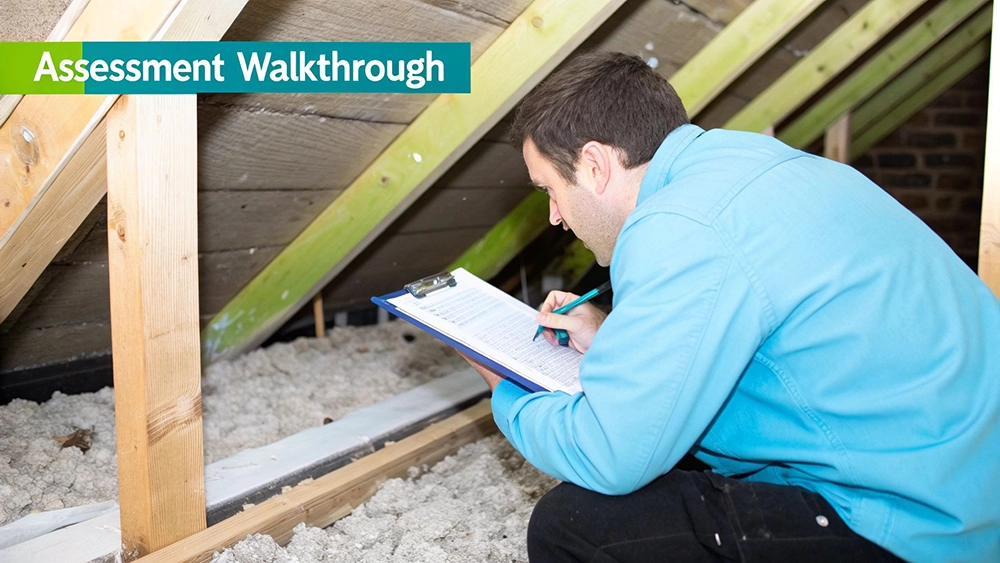 A man in an attic, reviewing documents on a clipboard, surrounded by insulation and wooden beams.