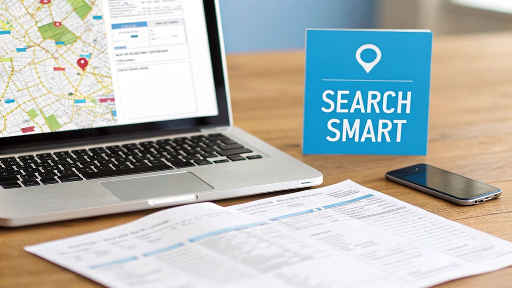 A laptop displaying a map with a red pin, a 'SEARCH SMART' sign, a smartphone, and documents on a wooden desk.