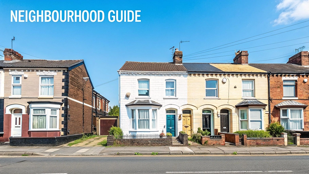 A vibrant street view of colorful terraced houses under a bright blue sky, with 'NEIGHBOURHOOD GUIDE' text.