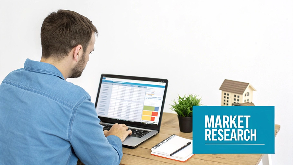 Man doing market research on a laptop displaying data, with a notebook and miniature house model.