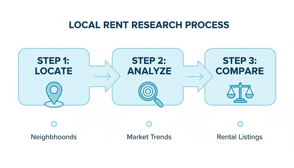 A three-step process for local rent research, including locating neighborhoods, analyzing market trends, and comparing rental listings.