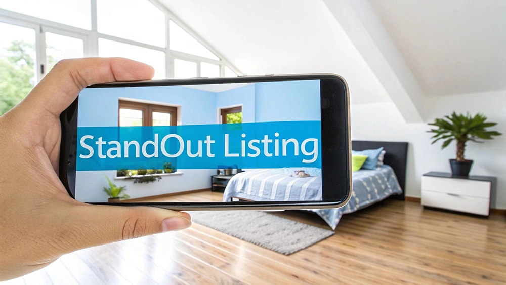 A clean, modern bedroom with a bed, desk, laptop, and camera on a tripod, ready for a photoshoot.