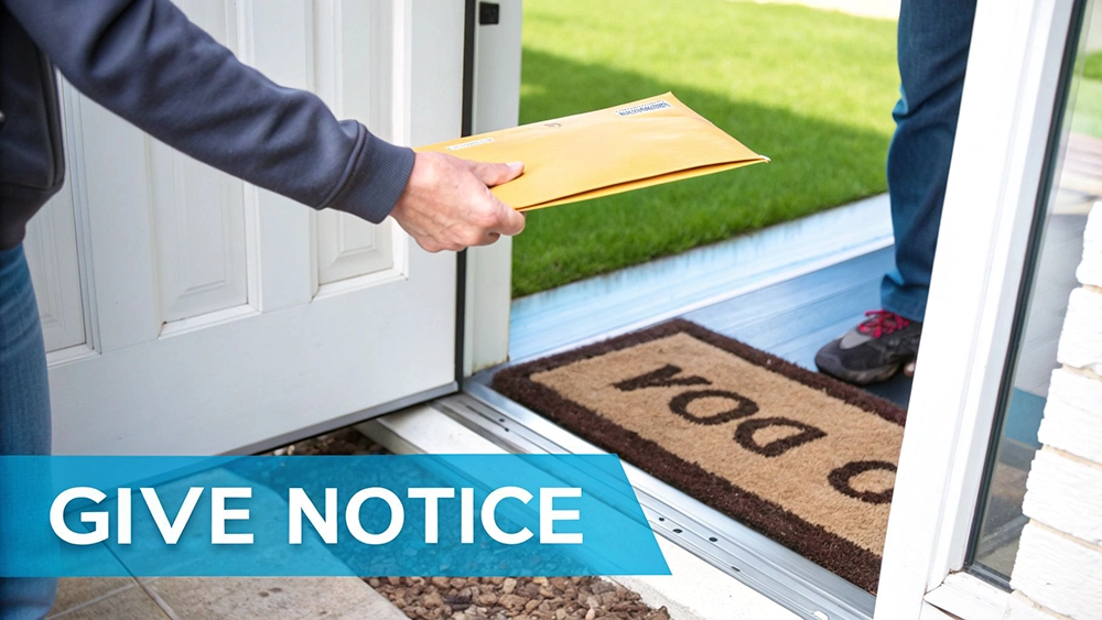 A person's hand delivers a large brown envelope to another person at an open doorway with a welcome mat.