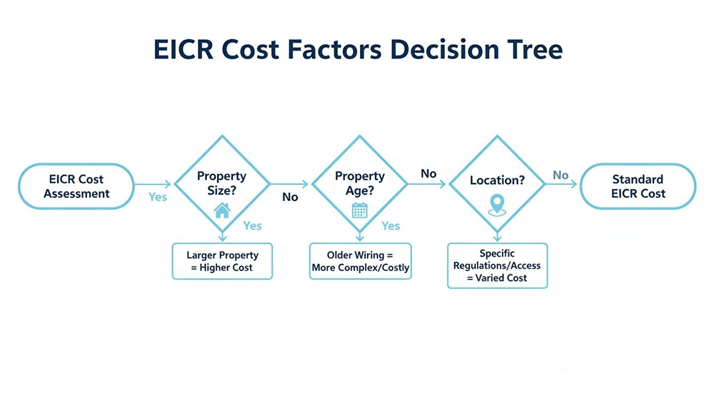 Decision tree illustrating factors influencing EICR cost, including property size, age, and location.